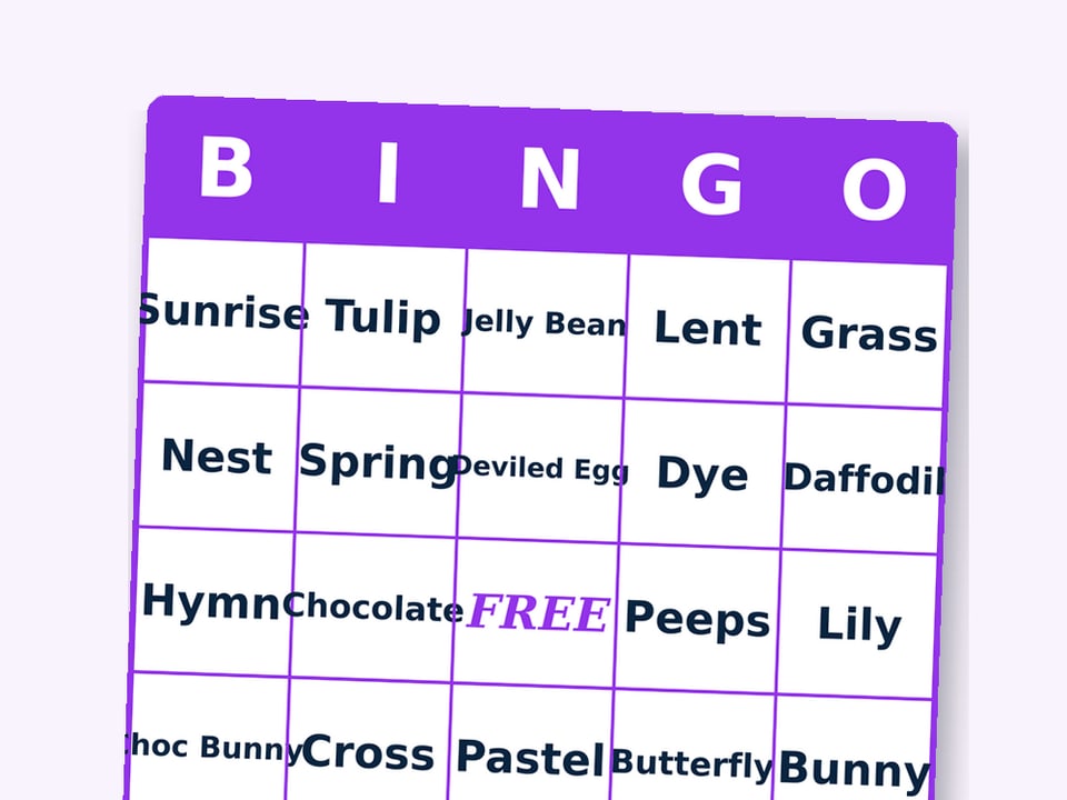 Easter word bingo card with a purple header