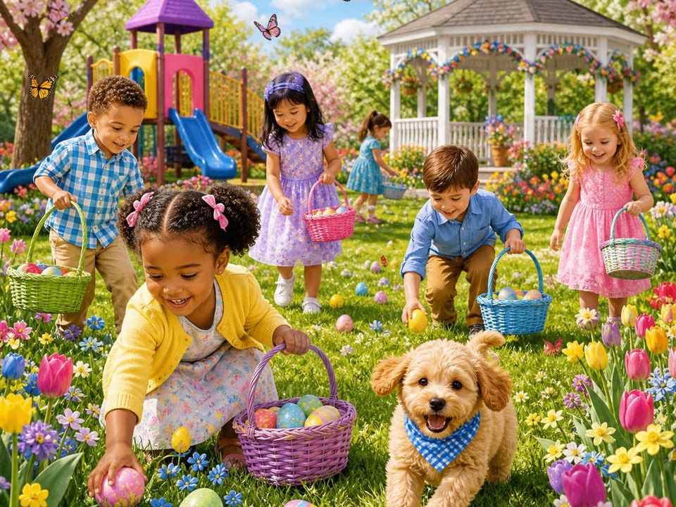Children on an Easter egg hunt in a spring garden, as a jigsaw puzzle
