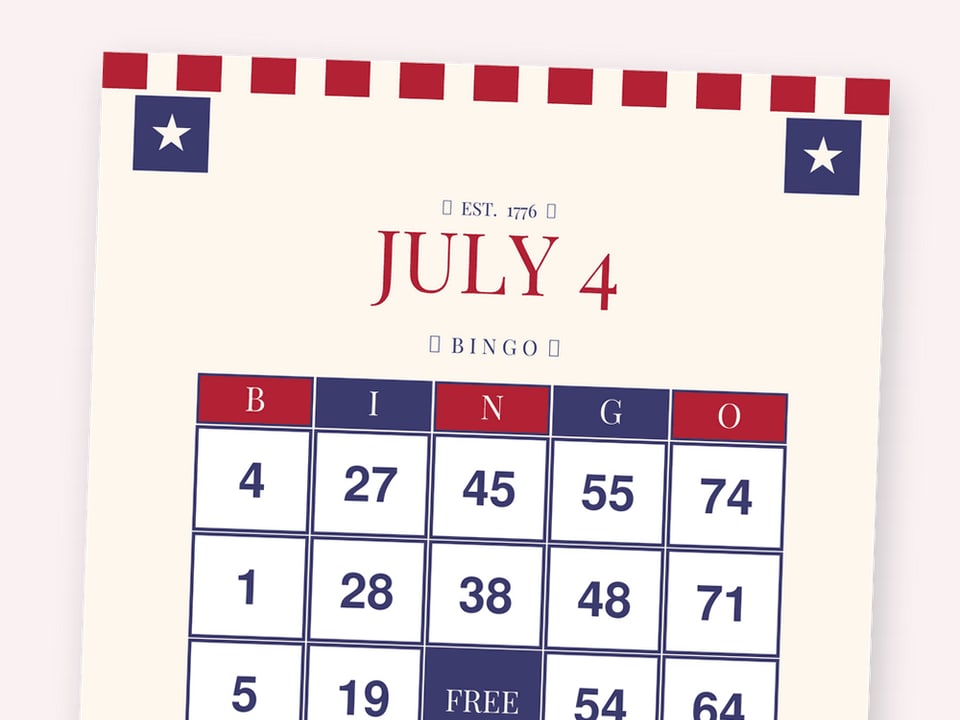 Americana Classic 4th of July number bingo card with 1-75 numbers