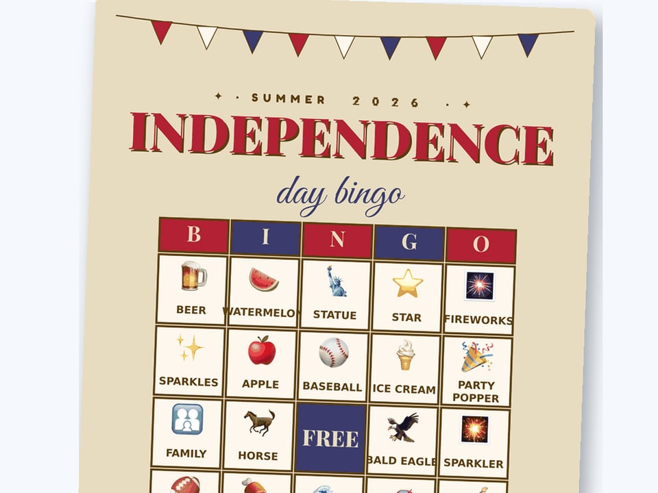 Independence Day bingo card with fireworks, flags and cookout squares