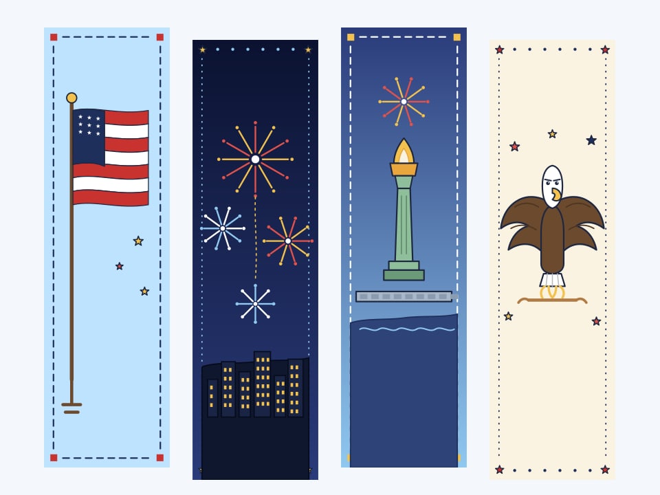 Four illustrated 4th of July bookmarks side by side