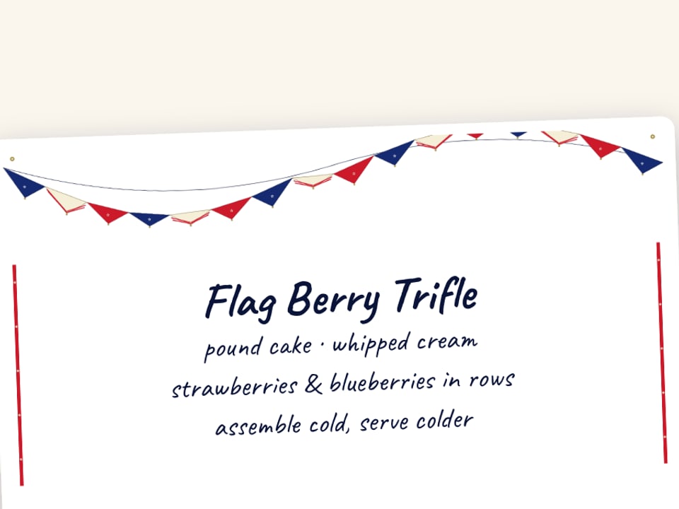 4th of July recipe card for flag berry trifle
