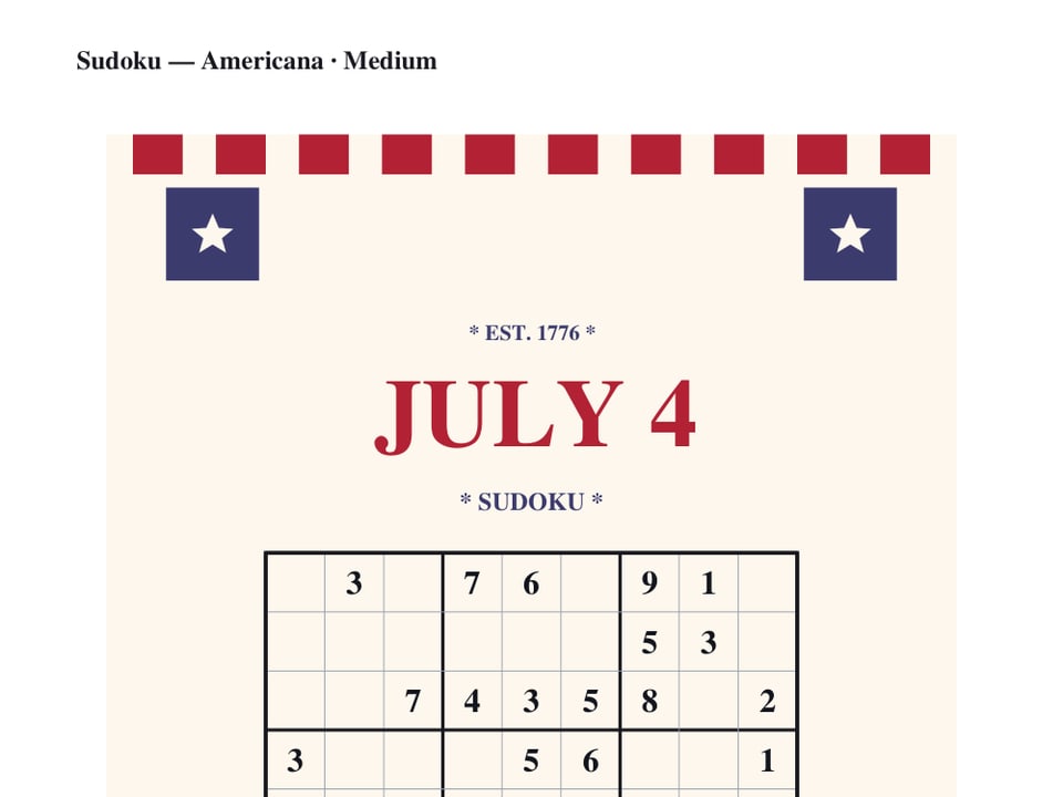 4th of July sudoku puzzle page with a July 4 heading