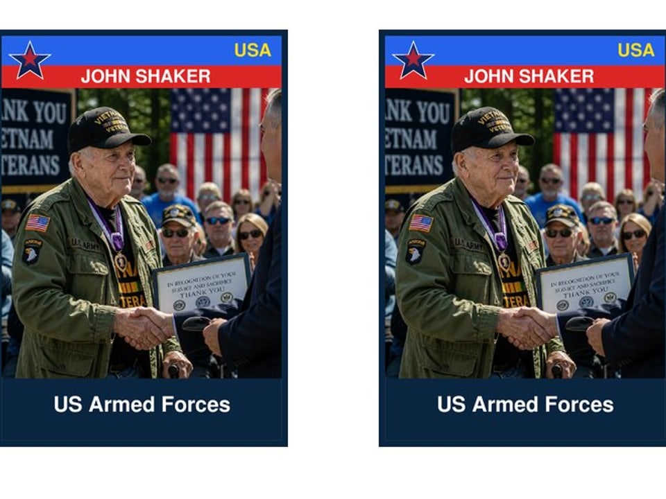 Two USA patriotic trading cards of a veteran, red white and blue border