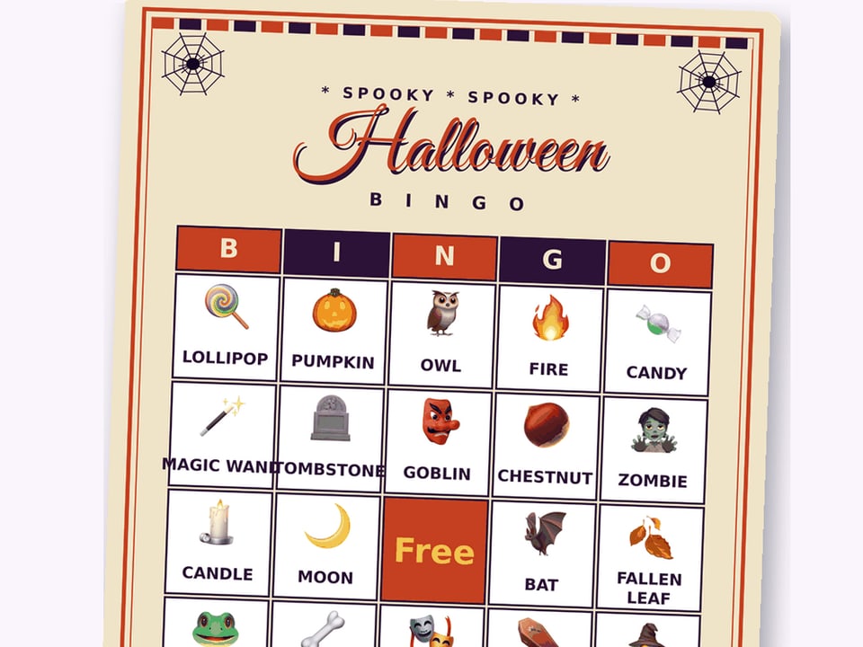 Halloween bingo card with pumpkin, ghost and candy squares