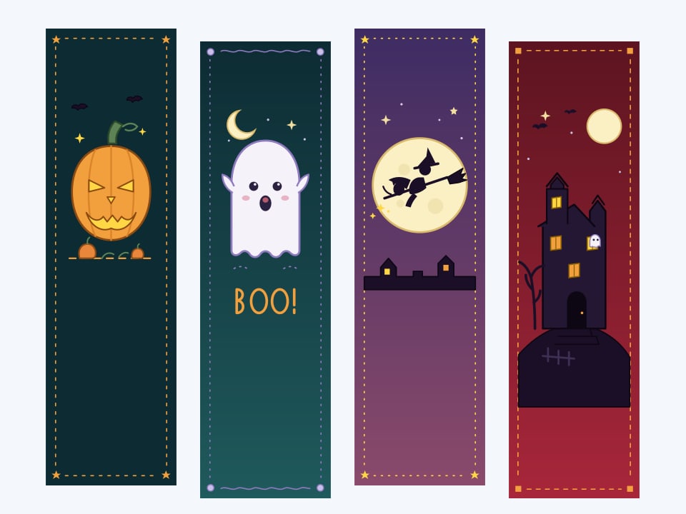 Four illustrated Halloween bookmarks side by side