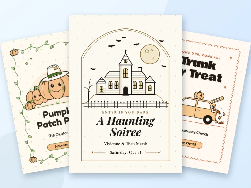 Three Halloween invitations: a pumpkin patch party, a haunted mansion soiree and a trunk or treat