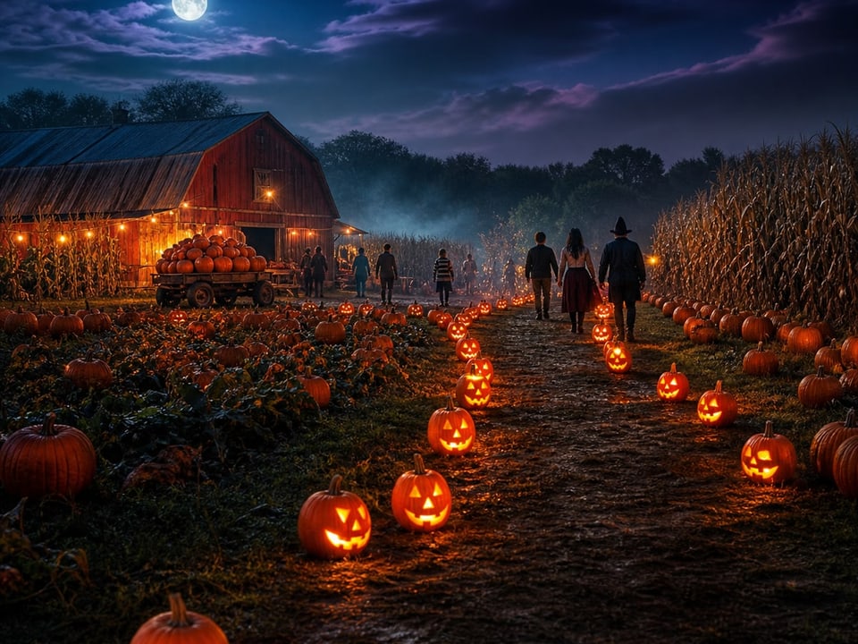 A moonlit pumpkin patch lined with lit jack-o'-lanterns, as a jigsaw puzzle