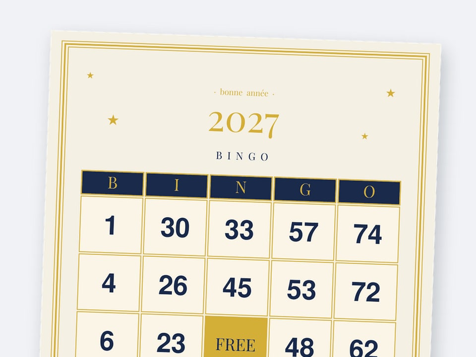 Midnight Elegance New Year's number bingo card with 1-75 numbers