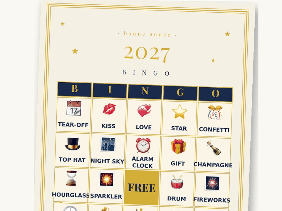 New Year's Eve bingo card with champagne, fireworks and clock squares