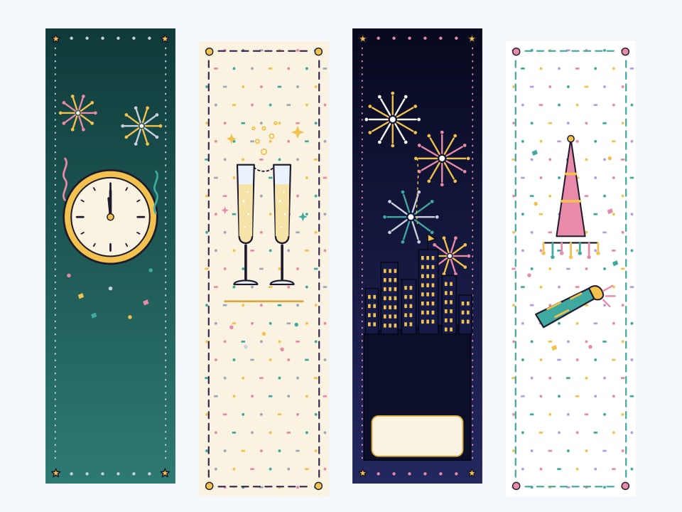 Four illustrated New Year's bookmarks side by side