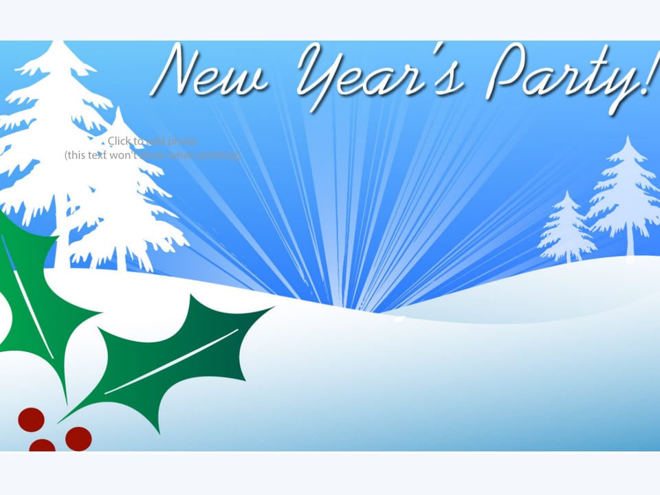 New Year's party invitation with snowy pines and holly
