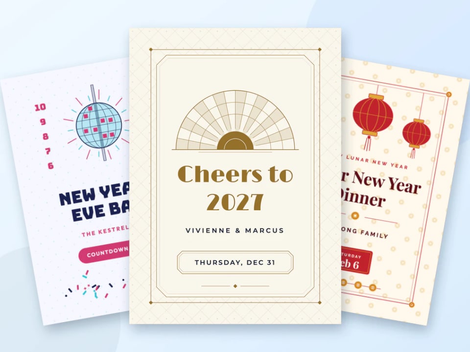 Three New Year's invitations: a black-and-gold deco card, a ball-drop countdown party and a Lunar New Year dinner
