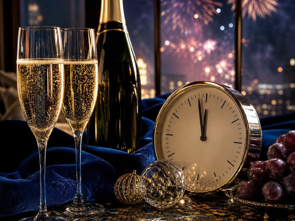 Champagne flutes and a clock at midnight with fireworks, as a jigsaw puzzle