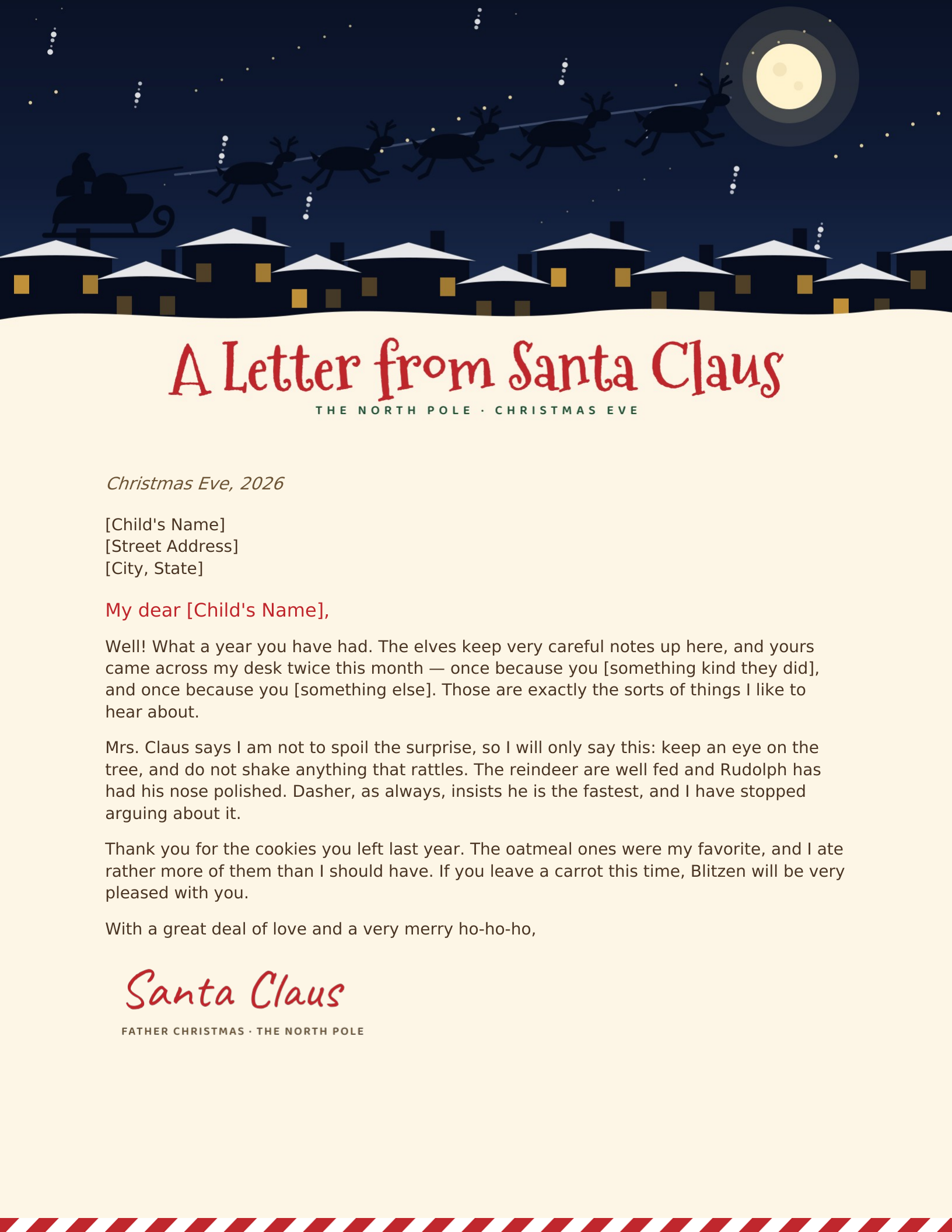 Letter from Santa template with the reindeer team flying over snowy rooftops