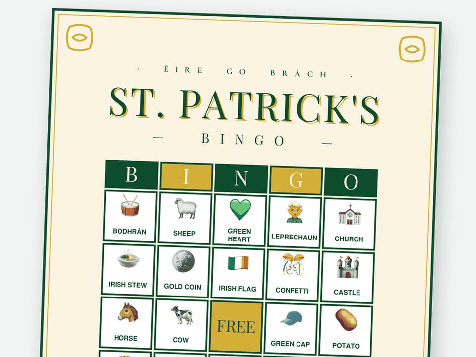 Emerald Classic St. Patrick's Day emoji bingo card with shamrock, harp and pot-of-gold picture cells
