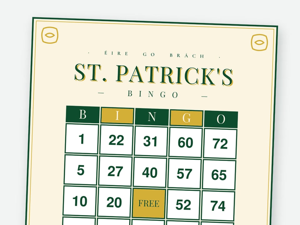 Emerald Classic St. Patrick's Day number bingo card with 1-75 numbers