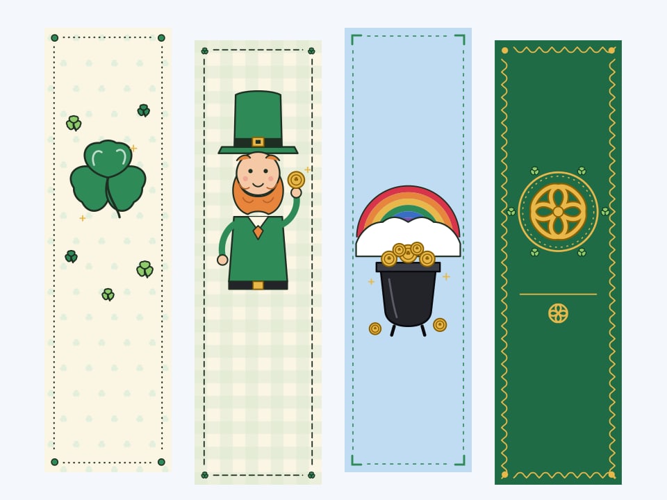 Four illustrated St. Patrick's Day bookmarks side by side