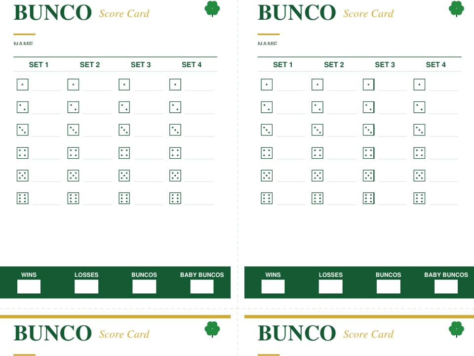 St. Patrick's Day bunco score cards