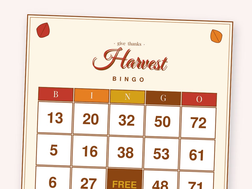 Autumn Harvest Thanksgiving number bingo card with 1-75 numbers