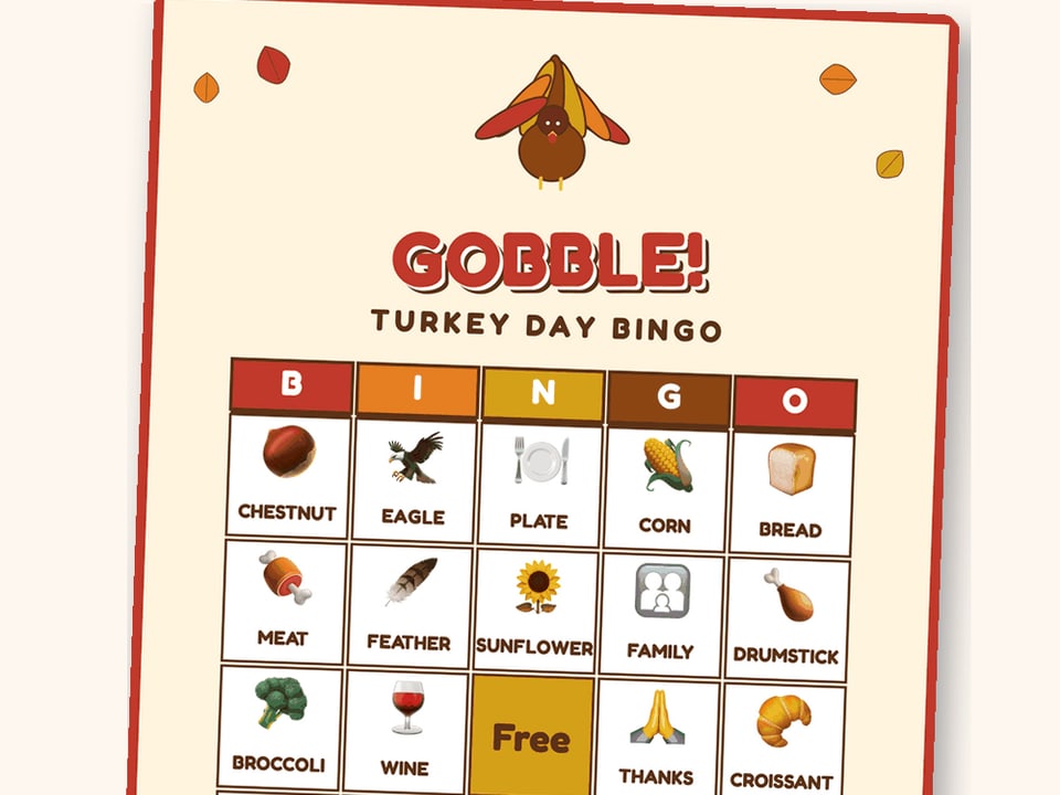 Thanksgiving bingo card with turkey and harvest squares