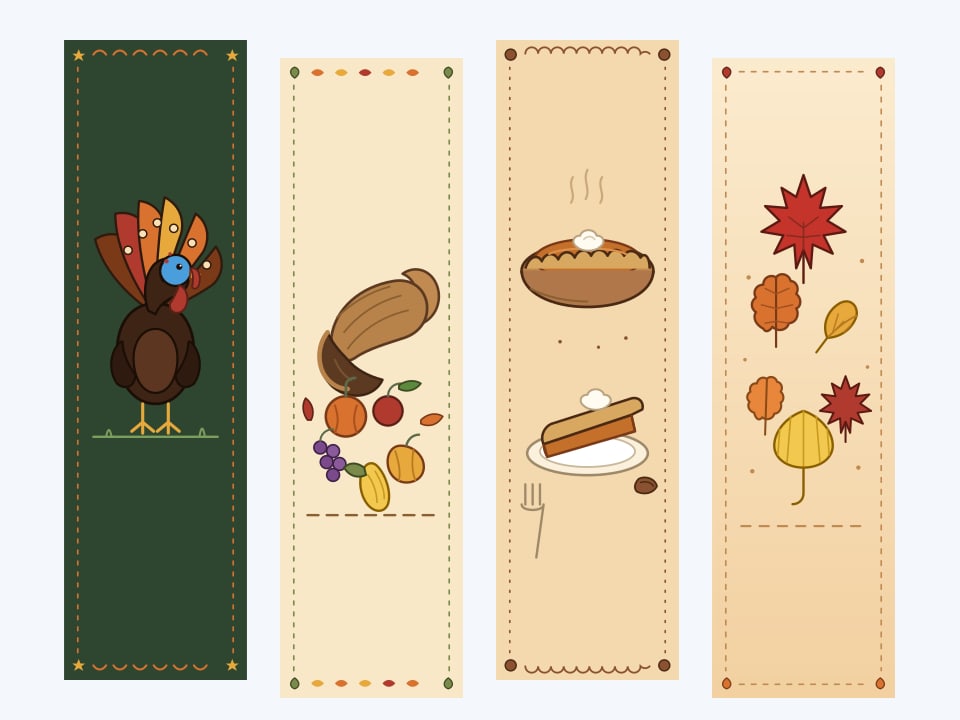 Four illustrated Thanksgiving bookmarks side by side