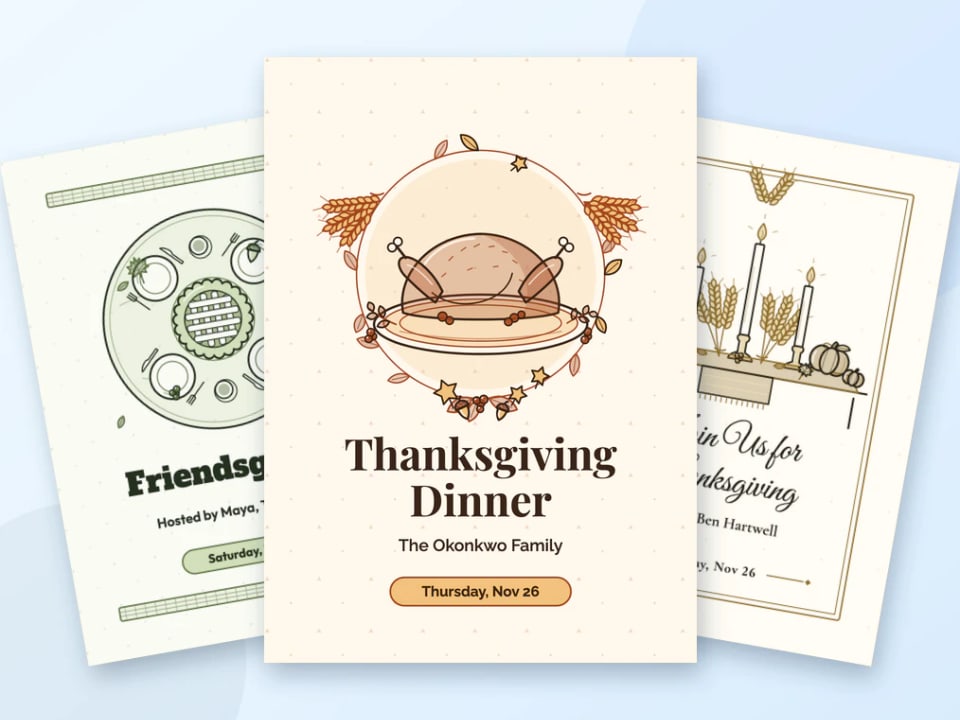 Three Thanksgiving invitations: a classic turkey dinner, an elegant harvest table and a Friendsgiving table