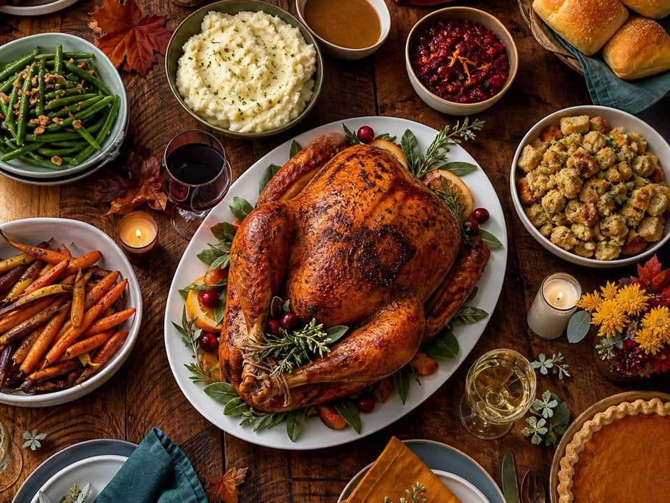 A Thanksgiving table with roast turkey and sides, as a jigsaw puzzle