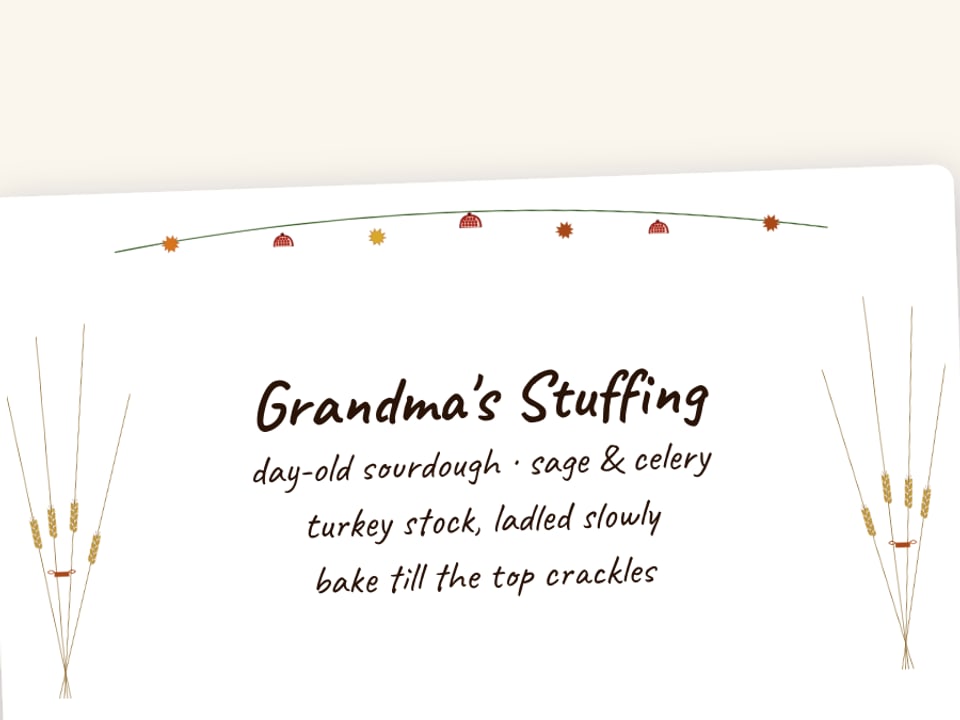 Thanksgiving recipe card for Grandma's stuffing
