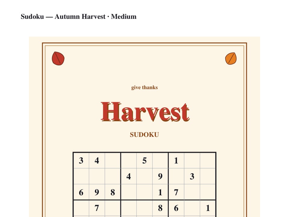 Thanksgiving sudoku puzzle page with a Harvest heading