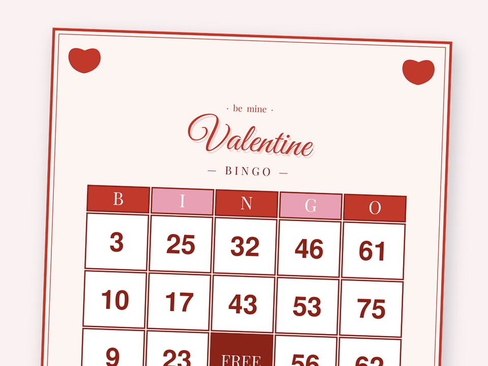 Classic Romance Valentine number bingo card with 1-75 numbers