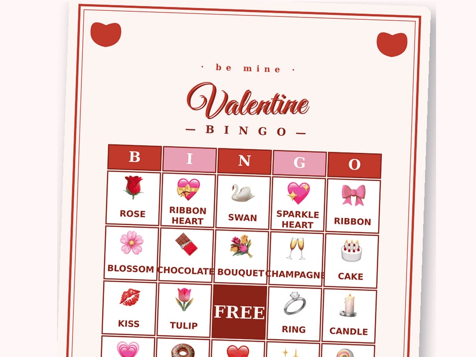 Valentine bingo card with heart, rose and cupid squares