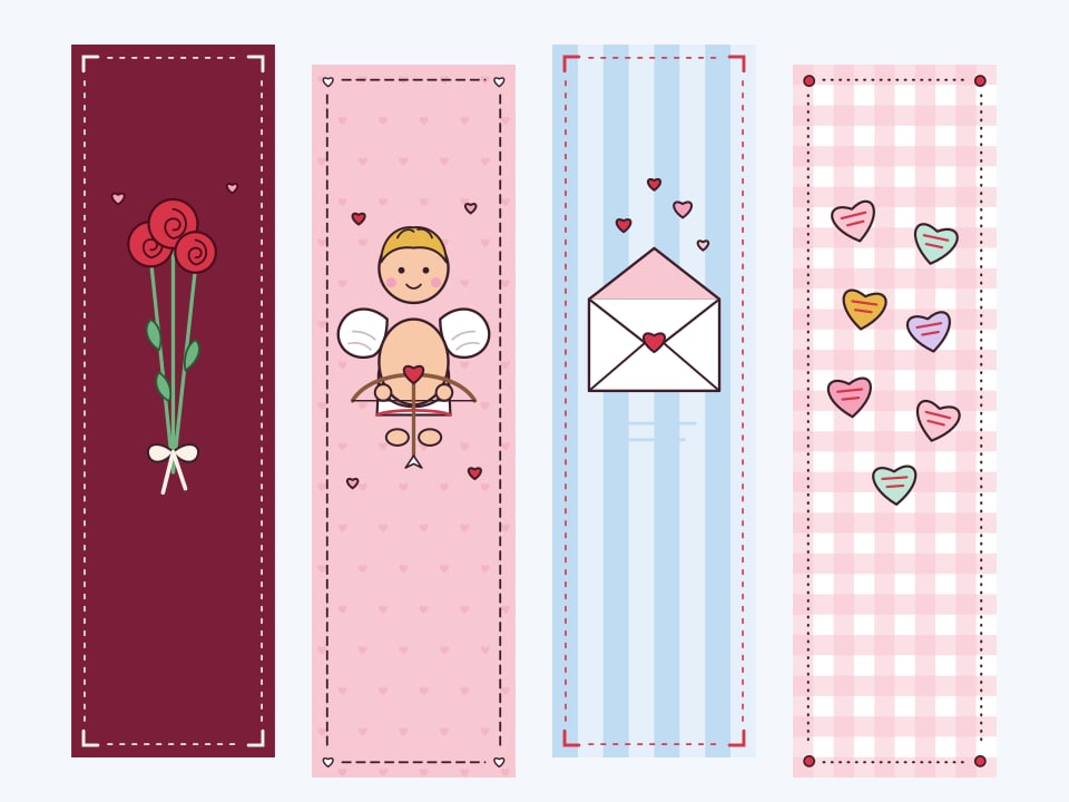 Four illustrated Valentine's bookmarks side by side
