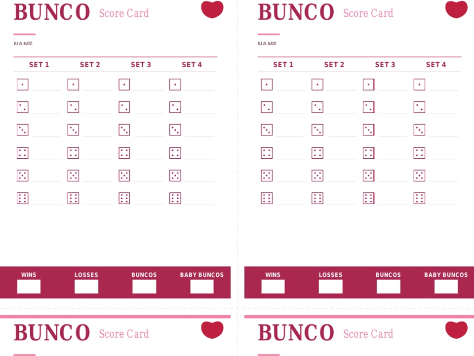 Valentine's bunco score cards
