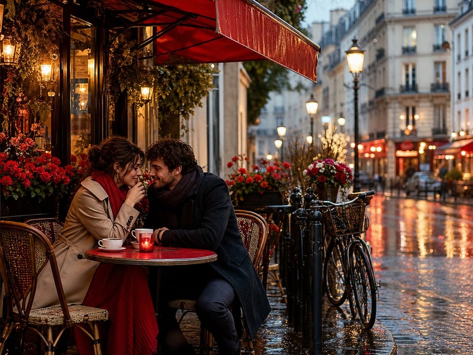 A couple at a Paris café on a rainy evening, as a jigsaw puzzle