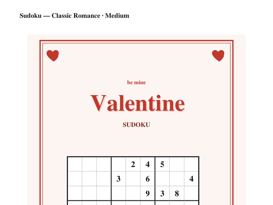Valentine sudoku puzzle page with a Classic Romance heading