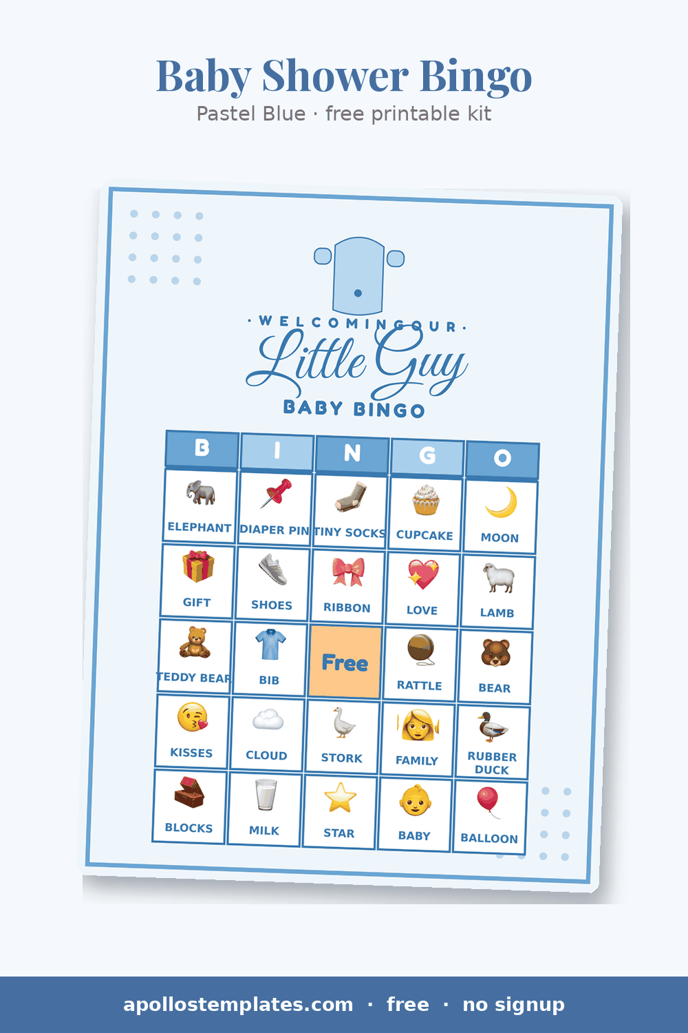 Pastel Blue baby shower bingo card with a onesie illustration, dotted border and a Welcoming our Little Guy title