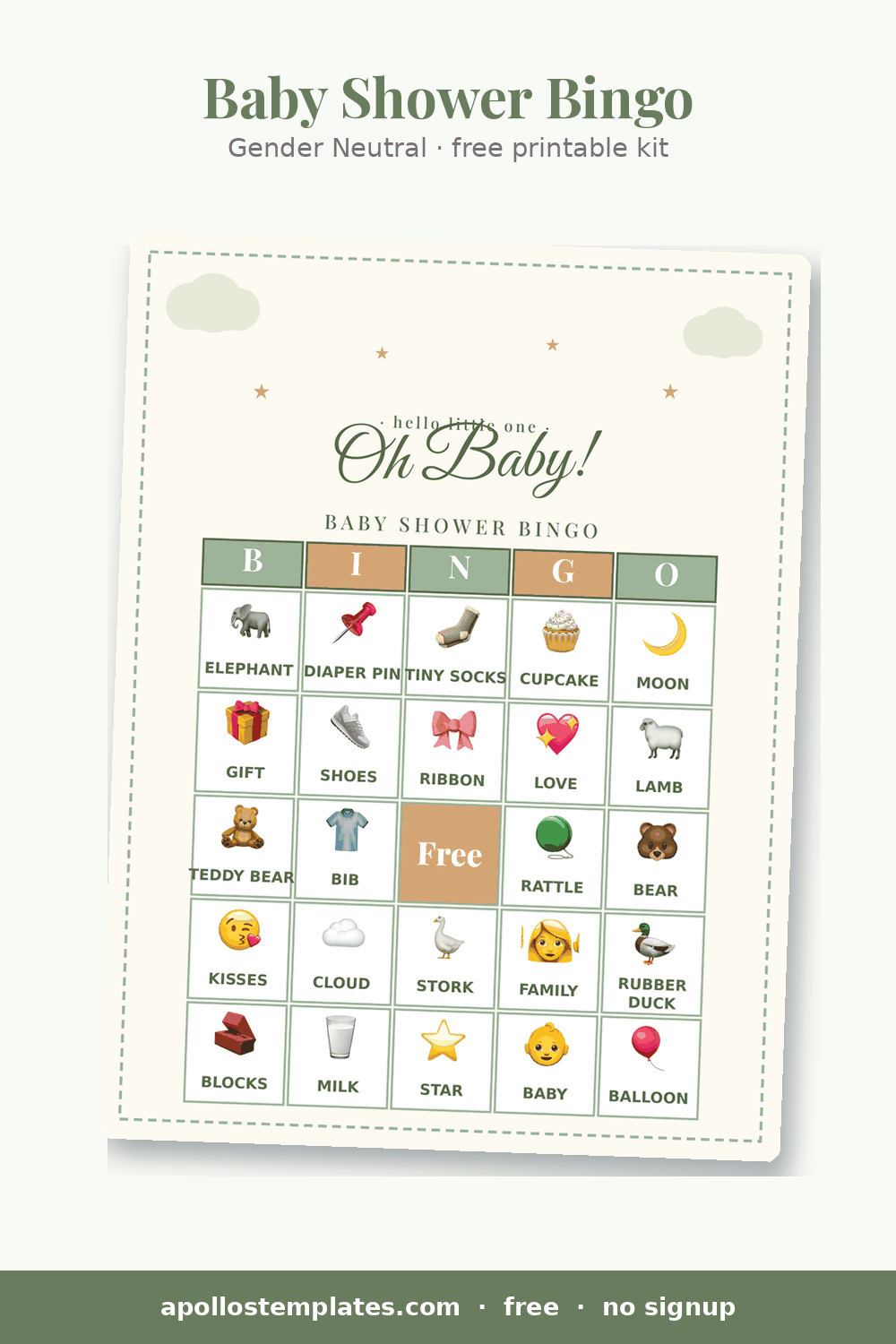 Gender Neutral baby shower bingo card in cream and sage with an Oh Baby! title