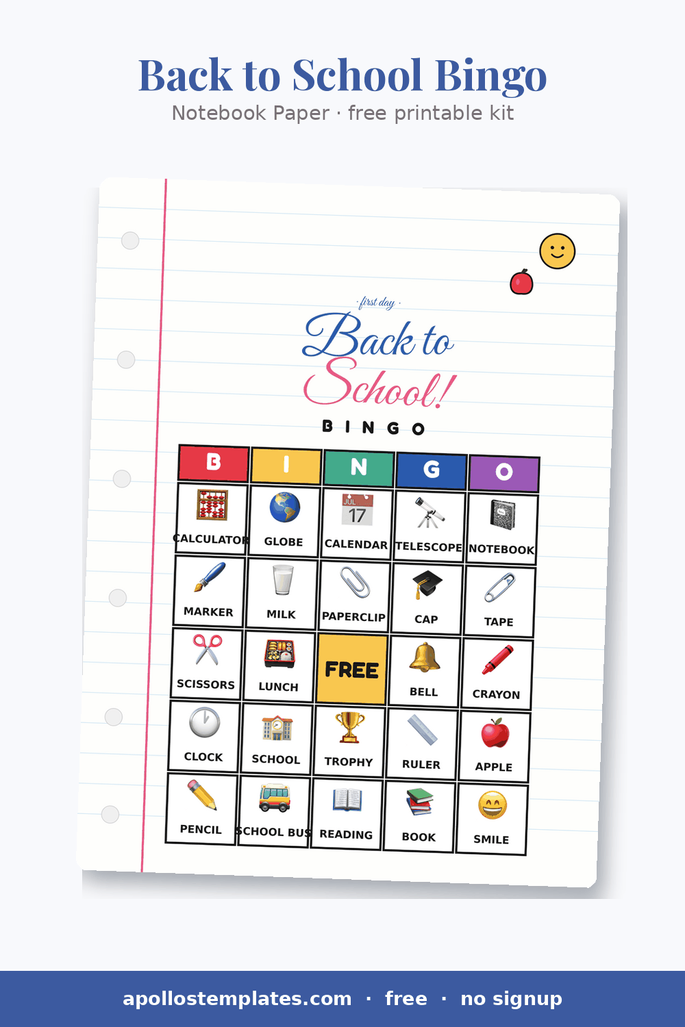 Notebook Paper back to school bingo card drawn on ruled paper with a pink margin