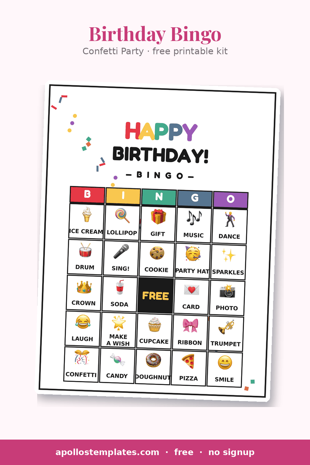 Confetti Party birthday bingo card with a rainbow HAPPY BIRTHDAY! title