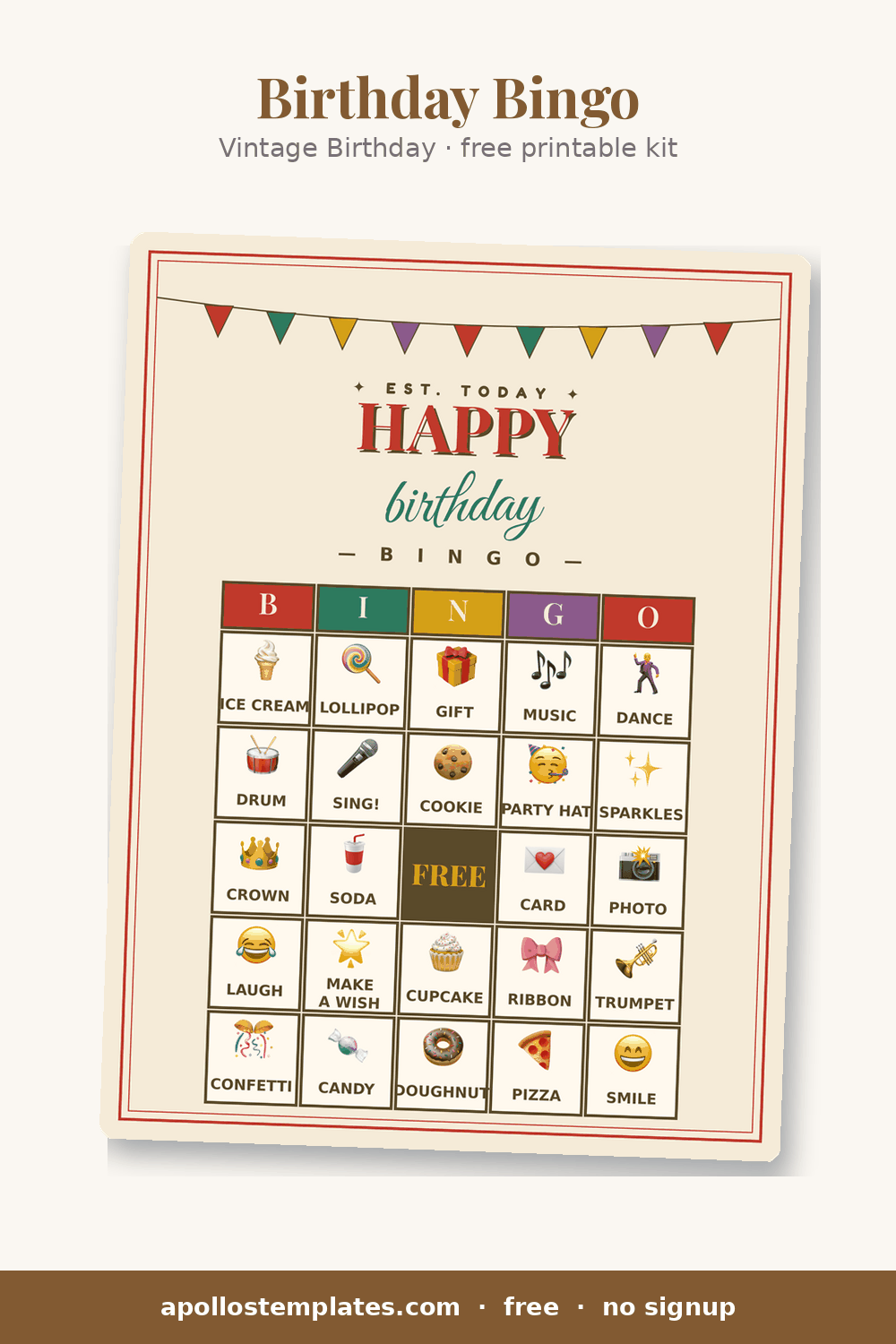Vintage Birthday bingo card on kraft with bunting, a Playfair HAPPY and script birthday title over emoji picture cells