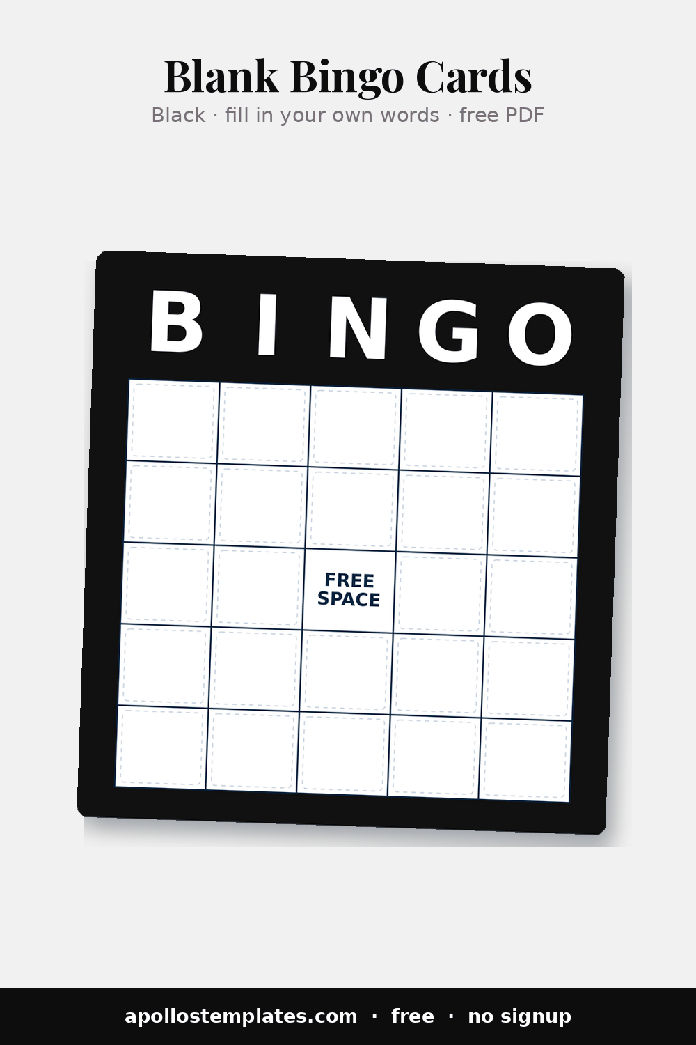 Empty black-framed bingo card template with a blank white grid and FREE SPACE center, the photocopier-friendly version