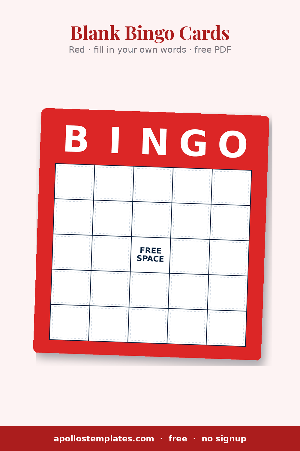 Empty red-framed blank bingo card with 24 open cells around a FREE SPACE center