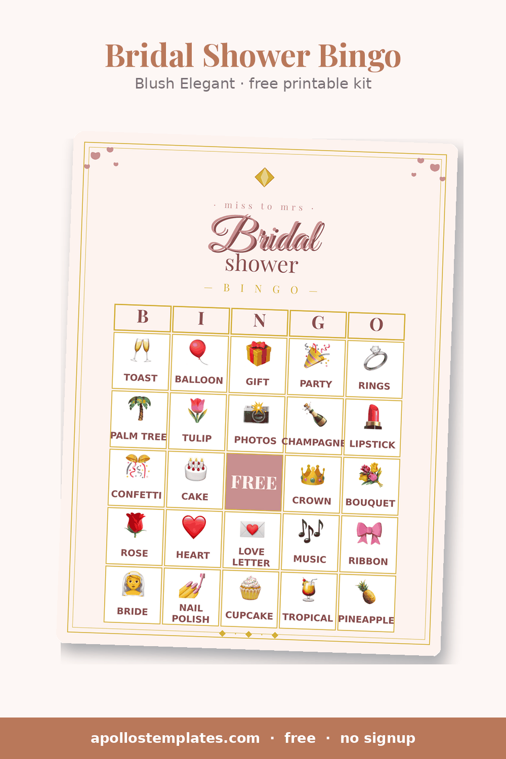 Blush Elegant bridal shower bingo card in blush and gold with a diamond ornament