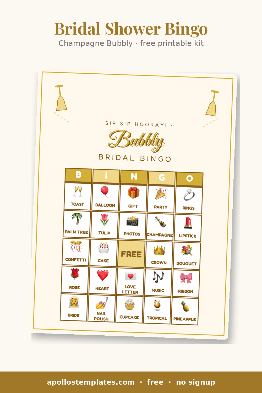 Champagne Bubbly bridal shower bingo card in cream and gold with champagne flutes and a Sip Sip Hooray Bubbly title