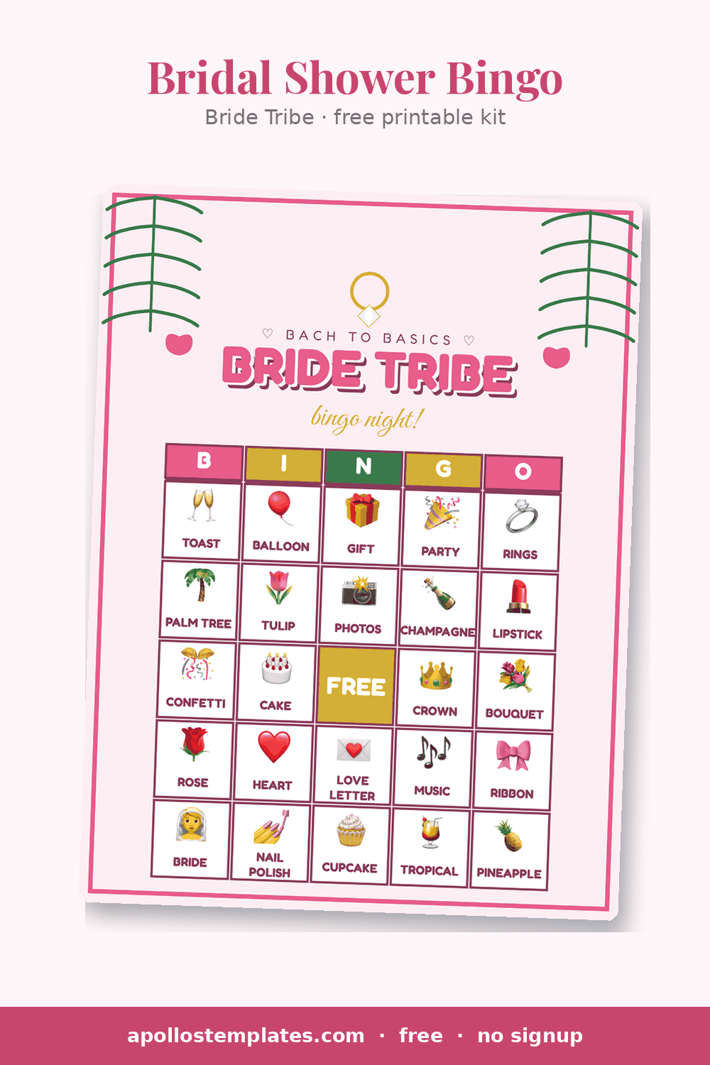 Bride Tribe bridal shower bingo card in pink with palm fronds, a diamond ring and a BRIDE TRIBE bingo night title