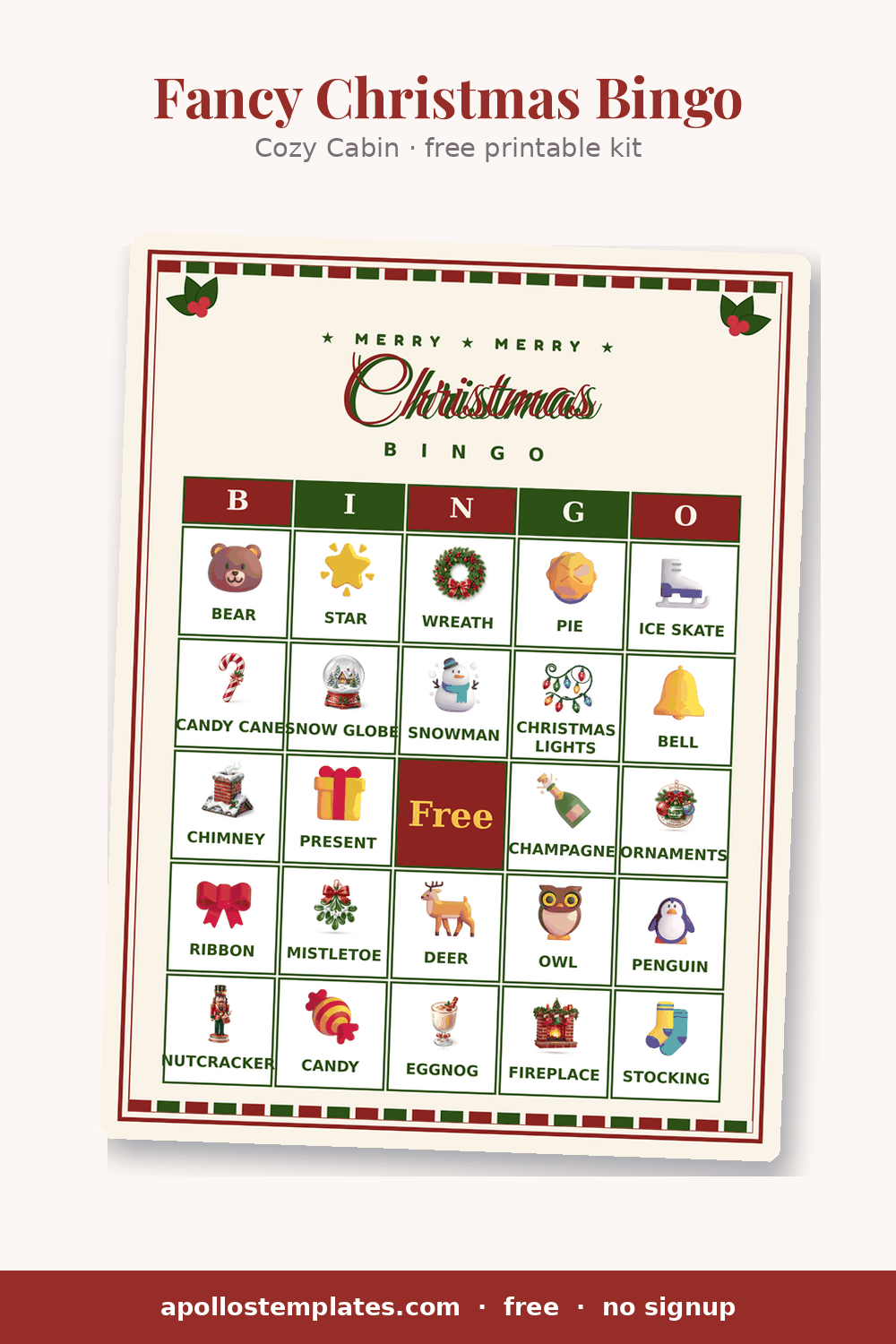 Cozy Cabin Christmas bingo card with a red plaid frame, holly and picture cells