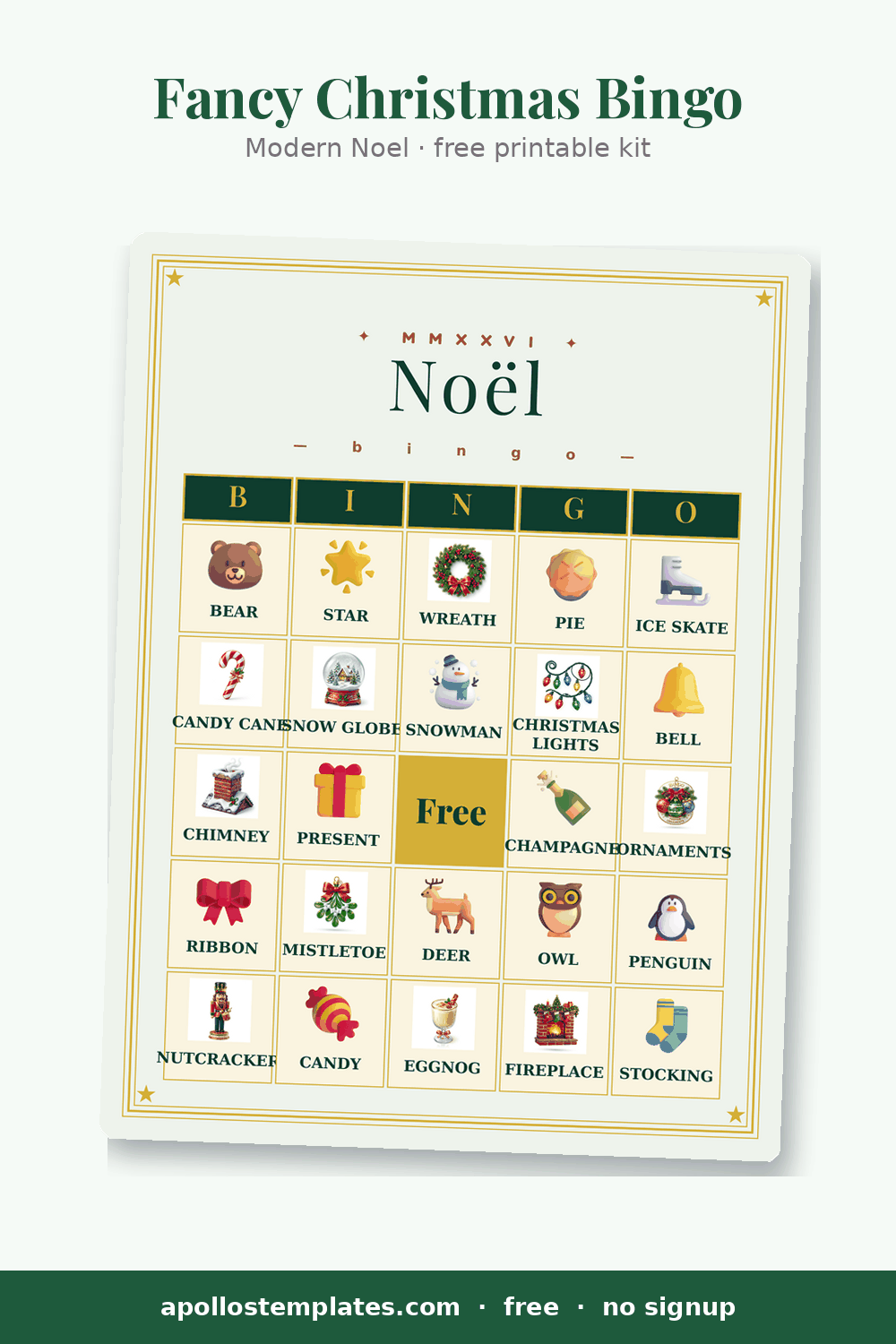 Modern Noël Christmas bingo card in forest green and gold with an elegant serif Noël title above emoji picture cells and a gold FREE cell