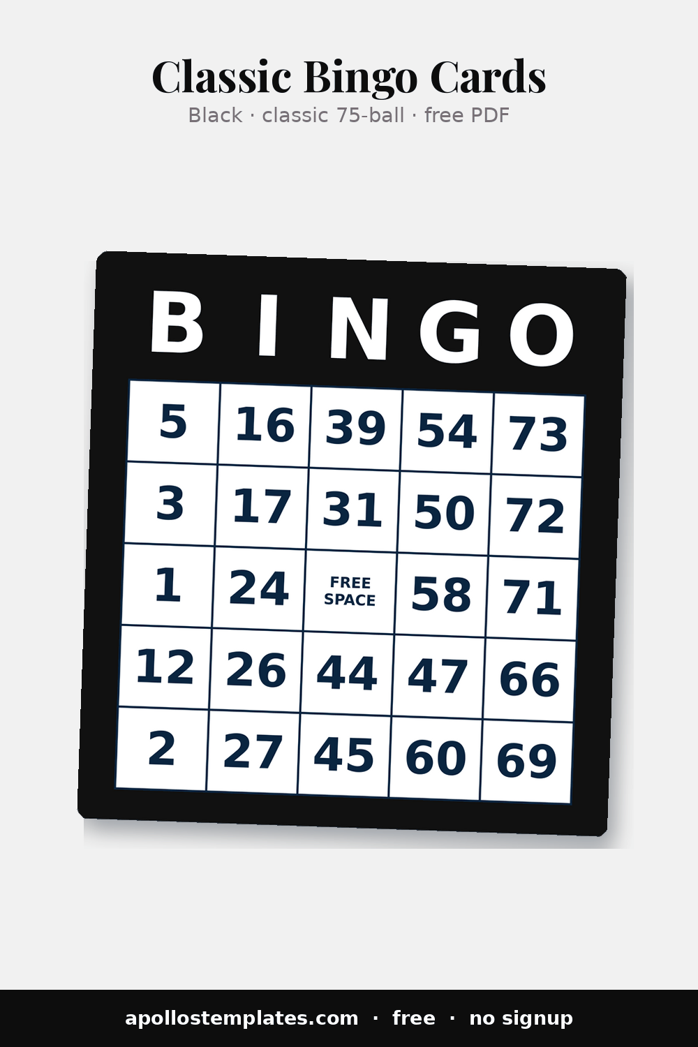Black-framed bingo card with white BINGO letters and a white 5x5 grid of random 1-75 numbers, FREE SPACE center