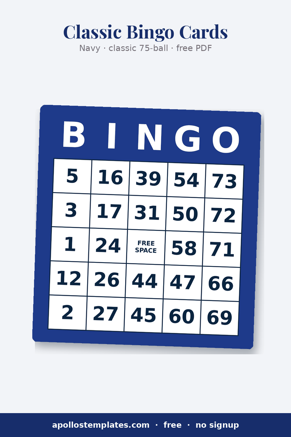 Navy-blue bingo card frame around a white number grid with a FREE SPACE center